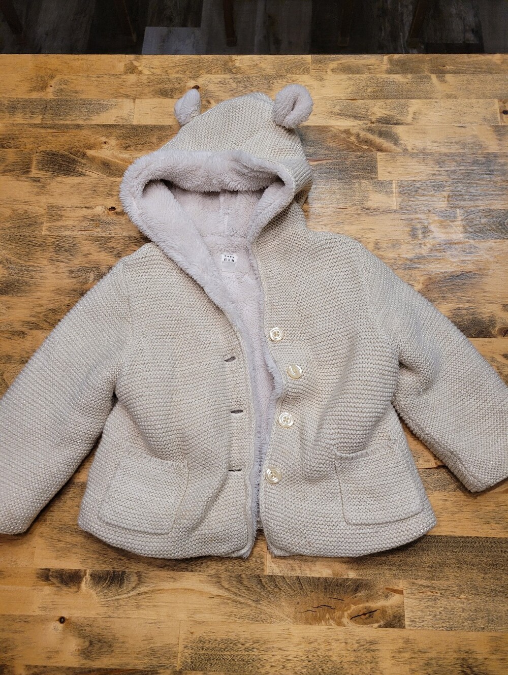 GAP Beige Hooded Knit Puffer Jacket with Bear Ears